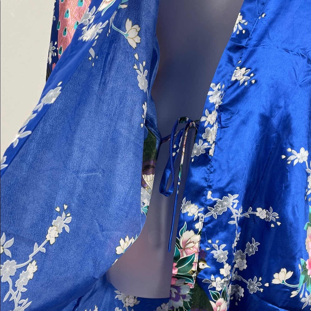 Sam Well Floral Satin Silky Peacock Belted Women's OSFM Kimono Lightwight Robe - Picture 5 of 10